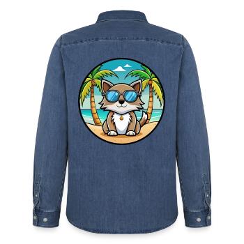 Carélie Bobtail Cat Breed Cartoon Sunglass Beach - Chemise en denim homme bio Stanley/Stella - bleu moyen délavé  - Dos - AI Model Male 185 light (185cm)