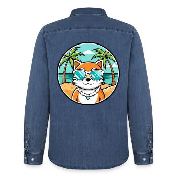 Hantilly Tiffany Race Chat Dessin Animé Lunettes de Soleil Plage - Chemise en denim homme bio Stanley/Stella - bleu moyen délavé  - Dos - AI Model Male 185 light (185cm)