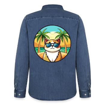 Exotische Kurzhaarkatze Rasse Cartoon Sonnenbrille Strand - Männer Jeanshemd Organic von Stanley/Stella - verwaschenes Mittelblau  - Hinten - AI Model Male 185 light (185cm)