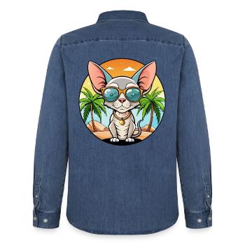 Devon Rex Katzenrasse Cartoon Sonnenbrille Strand - Männer Jeanshemd Organic von Stanley/Stella - verwaschenes Mittelblau  - Hinten - AI Model Male 185 light (185cm)