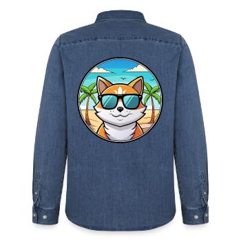 Verdünnte Kattunkatzenrasse Cartoon Sonnenbrille Strand - Männer Jeanshemd Organic von Stanley/Stella - verwaschenes Mittelblau  - Hinten - AI Model Male 185 light (185cm)