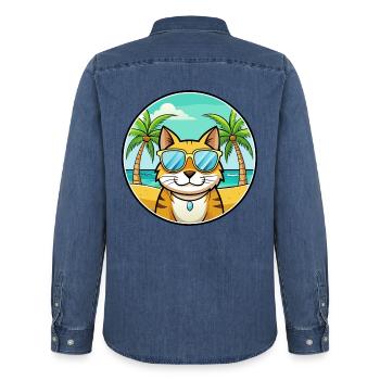Brasilianisch Kurzhaar Katzenrasse Cartoon Sonnenbrille - Männer Jeanshemd Organic von Stanley/Stella - verwaschenes Mittelblau  - Hinten - AI Model Male 185 light (185cm)