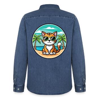 Amerikanische Bobtail Katzenrasse Cartoon Sonnenbrille Strand - Männer Jeanshemd Organic von Stanley/Stella - verwaschenes Mittelblau  - Hinten - AI Model Male 185 light (185cm)
