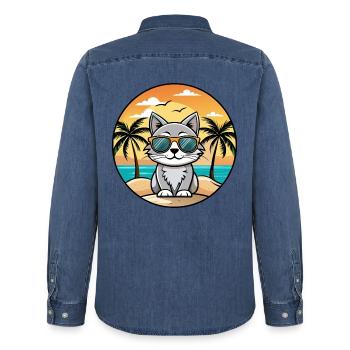 American Curl Katzenrasse Cartoon Sonnenbrille Strand - Männer Jeanshemd Organic von Stanley/Stella - verwaschenes Mittelblau  - Hinten - AI Model Male 185 light (185cm)