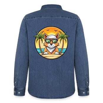 Arabische Mau-Katzenrasse Cartoon-Sonnenbrille Strand - Männer Jeanshemd Organic von Stanley/Stella - verwaschenes Mittelblau  - Hinten - AI Model Male 185 light (185cm)