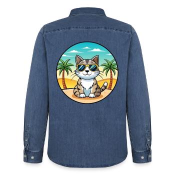 American Wirehair Cat Breed Cartoon Sunglass Beach - Chemise en denim homme bio Stanley/Stella - bleu moyen délavé  - Dos - AI Model Male 185 light (185cm)