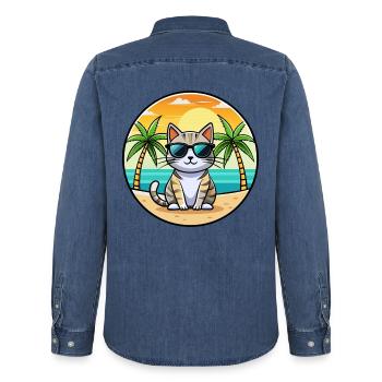 Amerikanische Kurzhaarkatze Rasse Cartoon Sonnenbrille - Männer Jeanshemd Organic von Stanley/Stella - verwaschenes Mittelblau  - Hinten - AI Model Male 185 light (185cm)