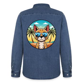 Lunettes de soleil de race de chat abyssin de dessin animé plage - Chemise en denim homme bio Stanley/Stella - bleu moyen délavé  - Dos - AI Model Male 185 light (185cm)