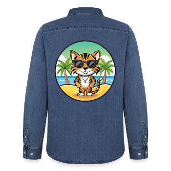 Toyger Katze Rasse Cartoon Sonnenbrille Strand - Männer Jeanshemd Organic von Stanley/Stella - verwaschenes Mittelblau  - Hinten - AI Model Male 185 light (185cm)