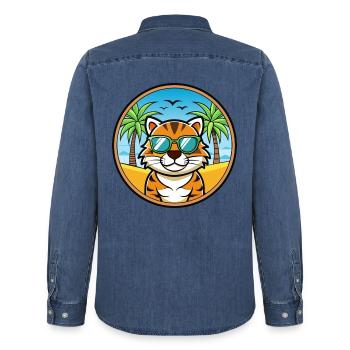 Tiger Katze Rasse Cartoon Sonnenbrille Strand - Männer Jeanshemd Organic von Stanley/Stella - verwaschenes Mittelblau  - Hinten - AI Model Male 185 light (185cm)