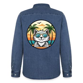 Selkirk Rex Cat Breed Cartoon Lunettes de soleil Beach - Chemise en denim homme bio Stanley/Stella - bleu moyen délavé  - Dos - AI Model Male 185 light (185cm)
