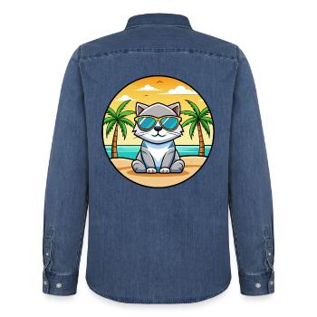Schottische Falte Katzenrasse Cartoon Sonnenbrille Strand - Männer Jeanshemd Organic von Stanley/Stella - verwaschenes Mittelblau  - Hinten - AI Model Male 185 light (185cm)