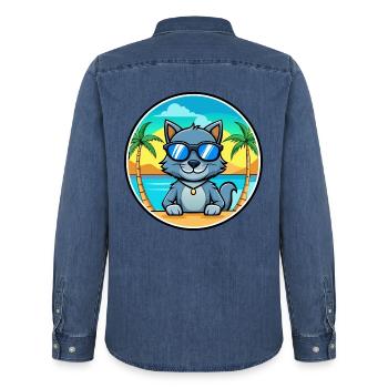 Russische blaue Katzenrasse Cartoon Sonnenbrille Strand - Männer Jeanshemd Organic von Stanley/Stella - verwaschenes Mittelblau  - Hinten - AI Model Male 185 light (185cm)