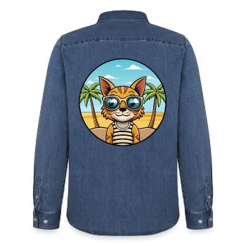 Ocicat Breed Cartoon Sonnenbrille Strand - Männer Jeanshemd Organic von Stanley/Stella - verwaschenes Mittelblau  - Hinten - AI Model Male 185 light (185cm)