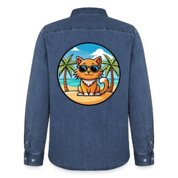 Ingwer Langhaar Katze Rasse Cartoon Sonnenbrille Strand - Männer Jeanshemd Organic von Stanley/Stella - verwaschenes Mittelblau  - Hinten - AI Model Male 185 light (185cm)