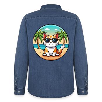 Lunettes de soleil coréennes Bobtail Cat Breed Cartoon Beach - Chemise en denim homme bio Stanley/Stella - bleu moyen délavé  - Dos - AI Model Male 185 light (185cm)