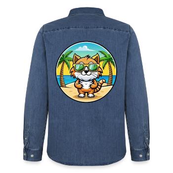 Kurilian Bobtail Cat Breed Cartoon Sunglass Beach - Chemise en denim homme bio Stanley/Stella - bleu moyen délavé  - Dos - AI Model Male 185 light (185cm)