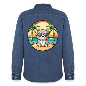 Laperm Cat Breed Cartoon Lunettes de soleil Beach - Chemise en denim homme bio Stanley/Stella - bleu moyen délavé  - Dos - AI Model Male 185 light (185cm)