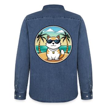 Japanische Bobtail Katzenrasse Cartoon Sonnenbrille Strand - Männer Jeanshemd Organic von Stanley/Stella - verwaschenes Mittelblau  - Hinten - AI Model Male 185 light (185cm)