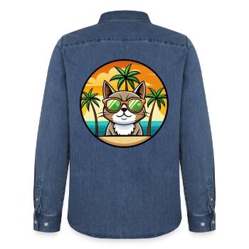 Exotische Kurzhaarkatze Rasse Cartoon Sonnenbrille Strand - Männer Jeanshemd Organic von Stanley/Stella - verwaschenes Mittelblau  - Hinten - AI Model Male 185 light (185cm)