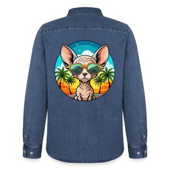 Devon Rex Katzenrasse Cartoon Sonnenbrille Strand - Männer Jeanshemd Organic von Stanley/Stella - verwaschenes Mittelblau  - Hinten - AI Model Male 185 light (185cm)