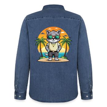 Britische Falte Kurzhaar Katzenrasse Cartoon Strand - Männer Jeanshemd Organic von Stanley/Stella - verwaschenes Mittelblau  - Hinten - AI Model Male 185 light (185cm)