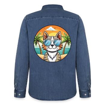 American Curl Katzenrasse Cartoon Sonnenbrille Strand - Männer Jeanshemd Organic von Stanley/Stella - verwaschenes Mittelblau  - Hinten - AI Model Male 185 light (185cm)
