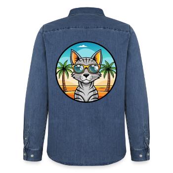 Arabische ägyptische Mau-Katzenrasse Cartoon-Sonnenbrille - Männer Jeanshemd Organic von Stanley/Stella - verwaschenes Mittelblau  - Hinten - AI Model Male 185 light (185cm)