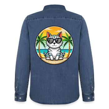 Amerikanische Kurzhaarkatze Rasse Cartoon Sonnenbrille - Männer Jeanshemd Organic von Stanley/Stella - verwaschenes Mittelblau  - Hinten - AI Model Male 185 light (185cm)