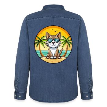 Amerikanische Bobtail Katzenrasse Cartoon Sonnenbrille Strand - Männer Jeanshemd Organic von Stanley/Stella - verwaschenes Mittelblau  - Hinten - AI Model Male 185 light (185cm)