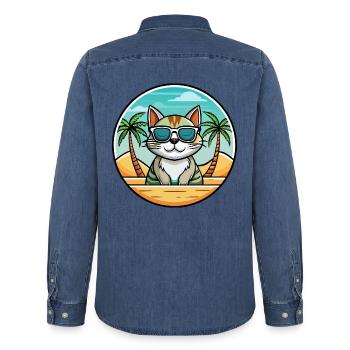 Américain Wirehair Chat Race Dessin Animé Lunettes de soleil Plage - Chemise en denim homme bio Stanley/Stella - bleu moyen délavé  - Dos - AI Model Male 185 light (185cm)