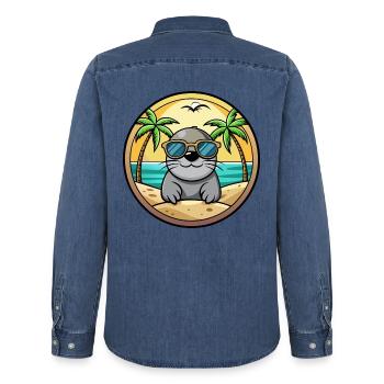Siegel Lustige Cartoon Sommer Strand Sonnenbrille Aufkleber - Männer Jeanshemd Organic von Stanley/Stella - verwaschenes Mittelblau  - Hinten - AI Model Male 185 light (185cm)