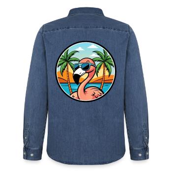 Flamingo Lustige Cartoon Sommer Strand Sonnenbrille - Männer Jeanshemd Organic von Stanley/Stella - verwaschenes Mittelblau  - Hinten - AI Model Male 185 light (185cm)