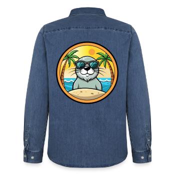 Siegel Lustige Cartoon Sommer Strand Sonnenbrille Aufkleber - Männer Jeanshemd Organic von Stanley/Stella - verwaschenes Mittelblau  - Hinten - AI Model Male 185 light (185cm)