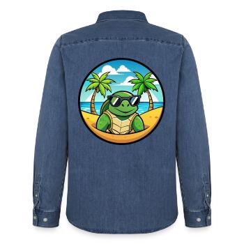 Turtle Funny Cartoon Summer Beach Sunglasses Cool - Men’s Organic Denim Shirt by Stanley/Stella - mid washy  - Back - AI Model Male 185 light (185cm)