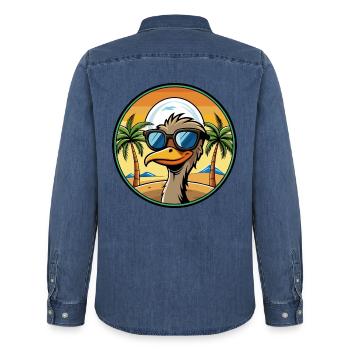 Emu Funny Cartoon Summer Beach Sunglasses Sticker - Men’s Organic Denim Shirt by Stanley/Stella - mid washy  - Back - AI Model Male 185 light (185cm)