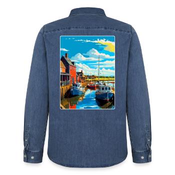 Whitstable Harbour England Uk Travel Poster WPA - Men’s Organic Denim Shirt by Stanley/Stella - mid washy  - Back - AI Model Male 185 light (185cm)