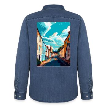 Totnes England Uk Vintage Reise Poster Souvenir - Männer Jeanshemd Organic von Stanley/Stella - verwaschenes Mittelblau  - Hinten - AI Model Male 185 light (185cm)