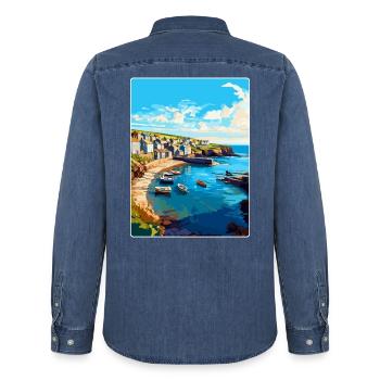 Port Issac, England, Vereinigtes Königreich, Reiseposter, Souvenir, WPA - Männer Jeanshemd Organic von Stanley/Stella - verwaschenes Mittelblau  - Hinten - AI Model Male 185 light (185cm)