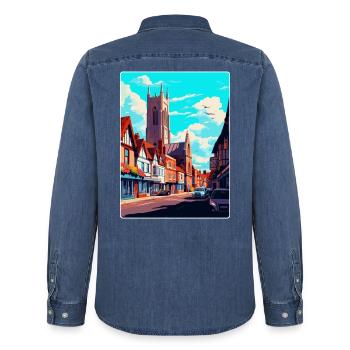 Hereford, England, Vereinigtes Königreich, Vintage, Reiseposter, Souvenir - Männer Jeanshemd Organic von Stanley/Stella - verwaschenes Mittelblau  - Hinten - AI Model Male 185 light (185cm)