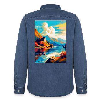 Loch Duich Scotland Uk Travel Poster Souvenir WPA - Men’s Organic Denim Shirt by Stanley/Stella - mid washy  - Back - AI Model Male 185 light (185cm)