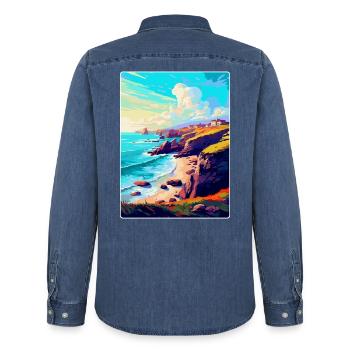 Lizard Point England Uk Reise Poster Souvenir WPA - Männer Jeanshemd Organic von Stanley/Stella - verwaschenes Mittelblau  - Hinten - AI Model Male 185 light (185cm)