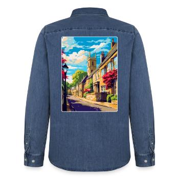 Bourton On The Hill England Uk Reiseposter WPA - Männer Jeanshemd Organic von Stanley/Stella - verwaschenes Mittelblau  - Hinten - AI Model Male 185 light (185cm)