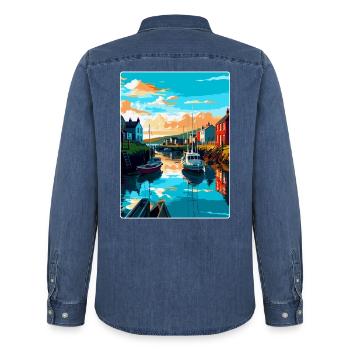 Kingsbridge England Uk Reiseposter Souvenir WPA - Männer Jeanshemd Organic von Stanley/Stella - verwaschenes Mittelblau  - Hinten - AI Model Male 185 light (185cm)