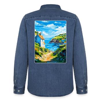 Cadgwith Cornwall, England, Vereinigtes Königreich, Reiseposter, WPA - Männer Jeanshemd Organic von Stanley/Stella - verwaschenes Mittelblau  - Hinten - AI Model Male 185 light (185cm)