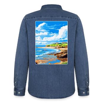 Bude Cornwall, England, Vereinigtes Königreich, Reiseposter, Souvenir - Männer Jeanshemd Organic von Stanley/Stella - verwaschenes Mittelblau  - Hinten - AI Model Male 185 light (185cm)