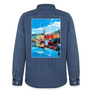 Padstow Cornwall, England, Vereinigtes Königreich, Reiseposter, Souvenir - Männer Jeanshemd Organic von Stanley/Stella - verwaschenes Mittelblau  - Hinten - AI Model Male 185 light (185cm)