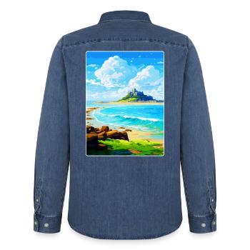 Marazion Cornwall England Uk Travel Poster WPA - Men’s Organic Denim Shirt by Stanley/Stella - mid washy  - Back - AI Model Male 185 light (185cm)