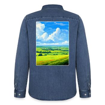 West Wiltshire Downs voyage affiche souvenir WPA - Chemise en denim homme bio Stanley/Stella - bleu moyen délavé  - Dos - AI Model Male 185 light (185cm)