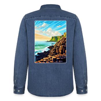 Giant Causeway Irland Uk Reiseposter Souvenir - Männer Jeanshemd Organic von Stanley/Stella - verwaschenes Mittelblau  - Hinten - AI Model Male 185 light (185cm)